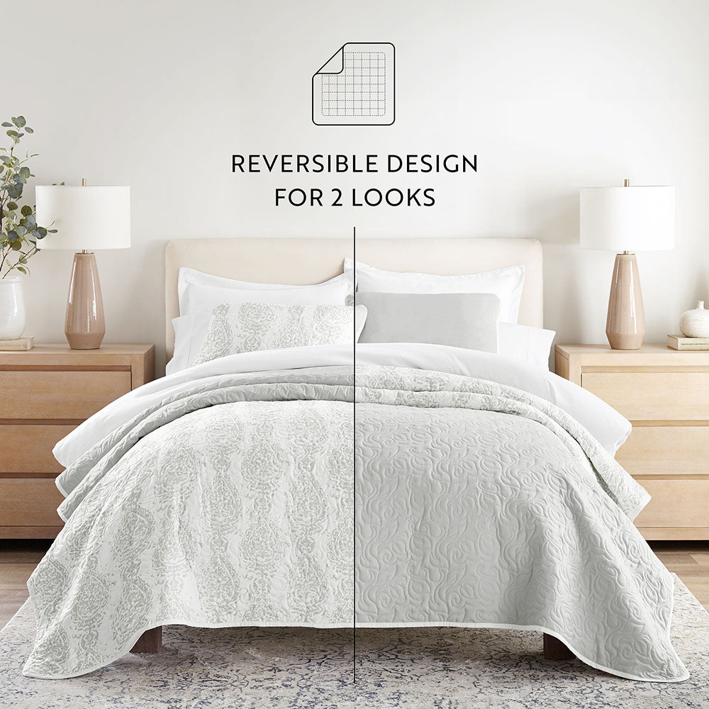 Distressed Damask Reversible Quilted Coverlet Set