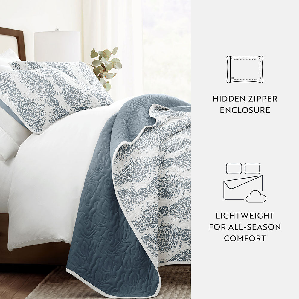 Distressed Damask Reversible Quilted Coverlet Set