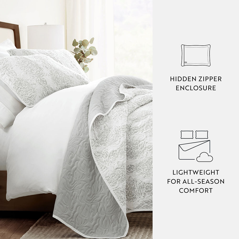 Distressed Damask Reversible Quilted Coverlet Set