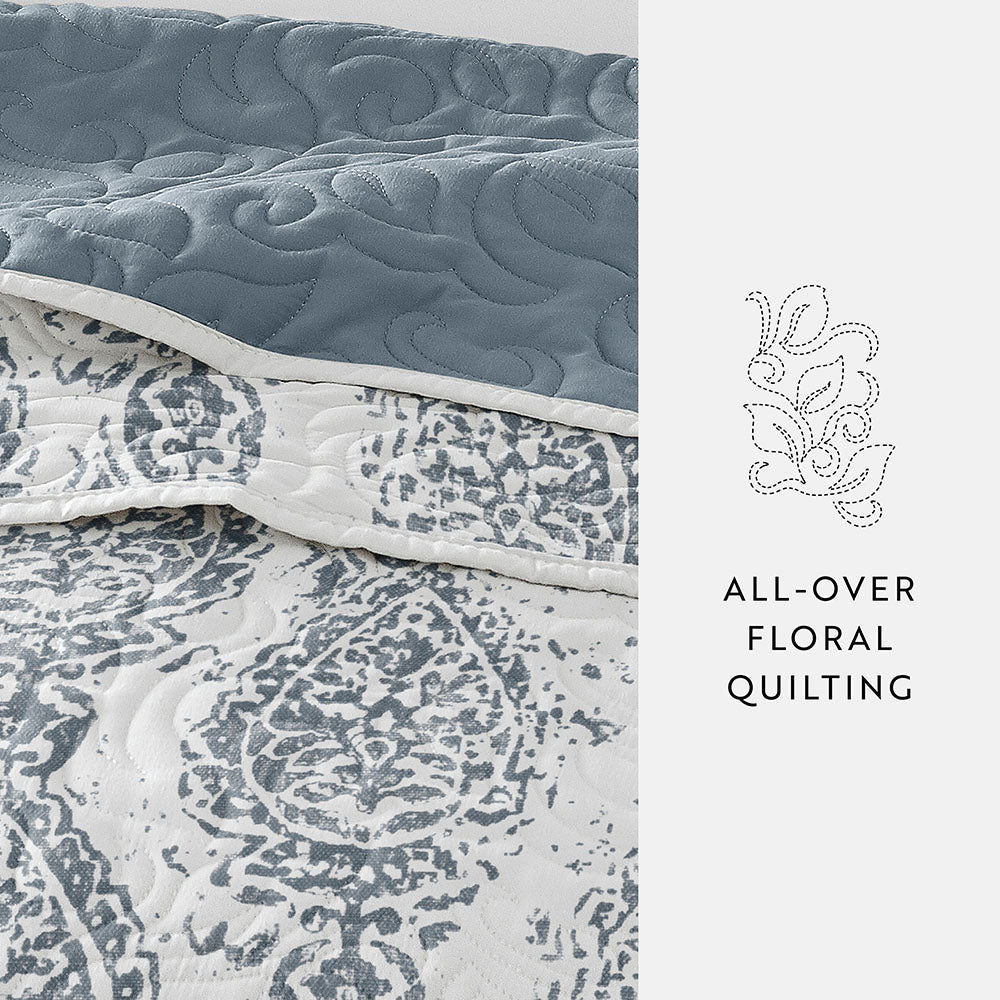 Distressed Damask Reversible Quilted Coverlet Set