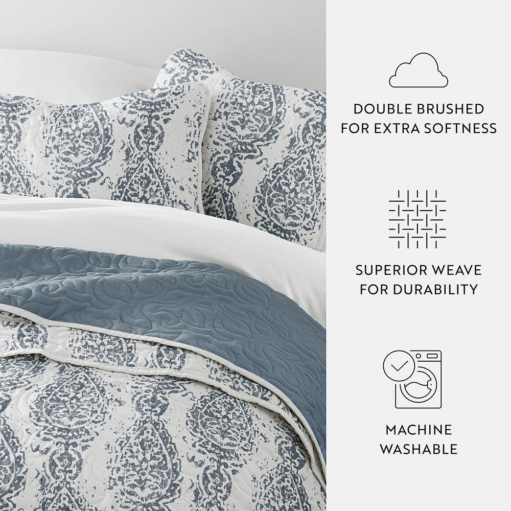 Distressed Damask Reversible Quilted Coverlet Set