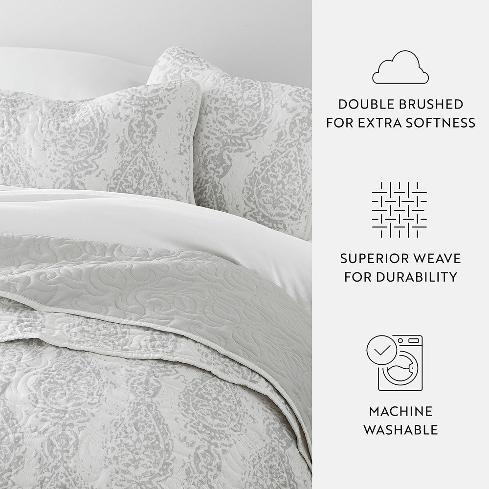 Distressed Damask Reversible Quilted Coverlet Set