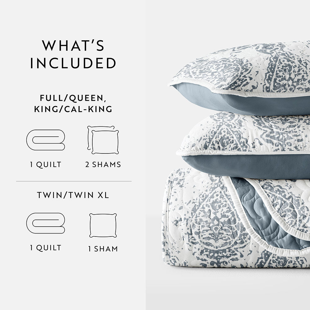 Distressed Damask Reversible Quilted Coverlet Set