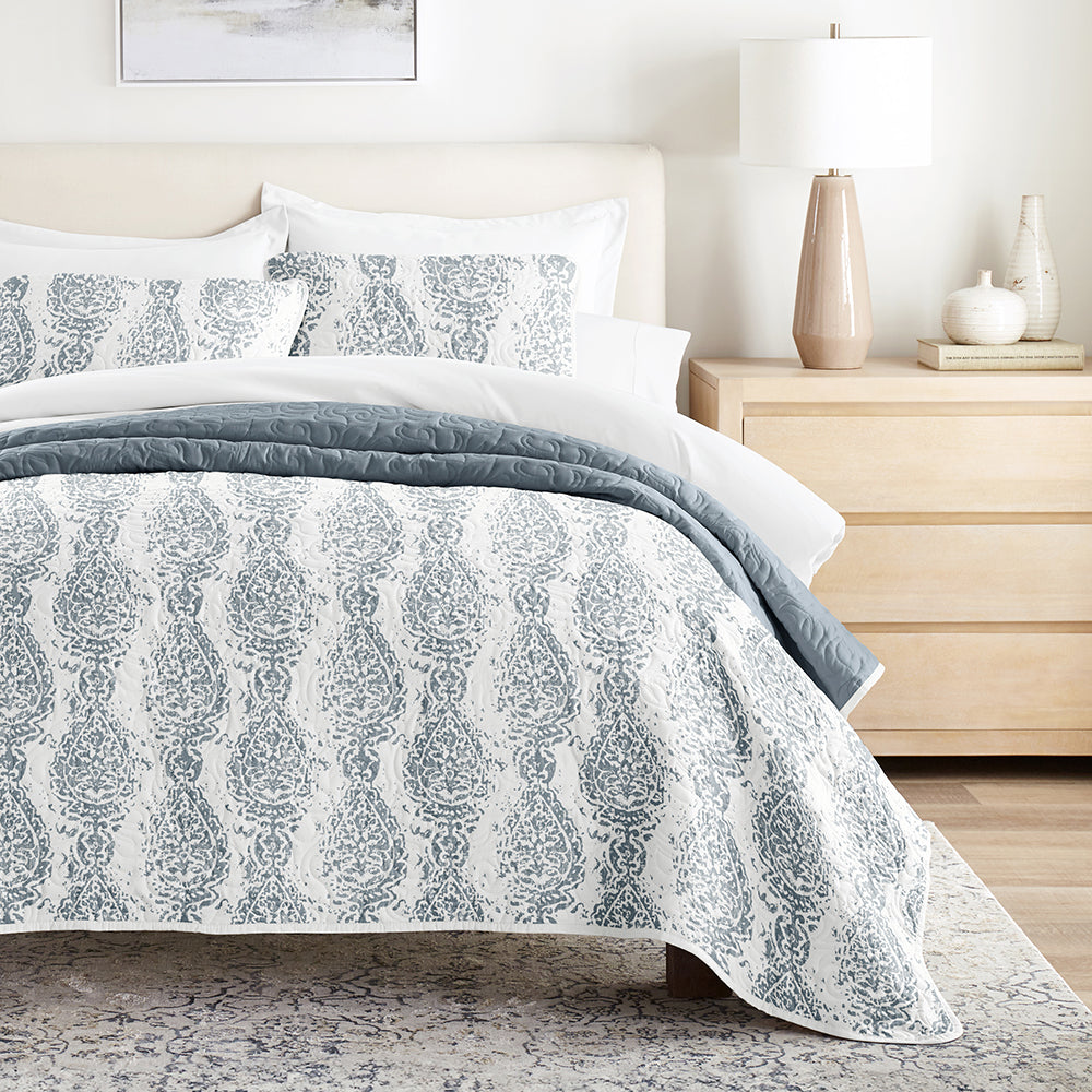 Distressed Damask Reversible Quilted Coverlet Set