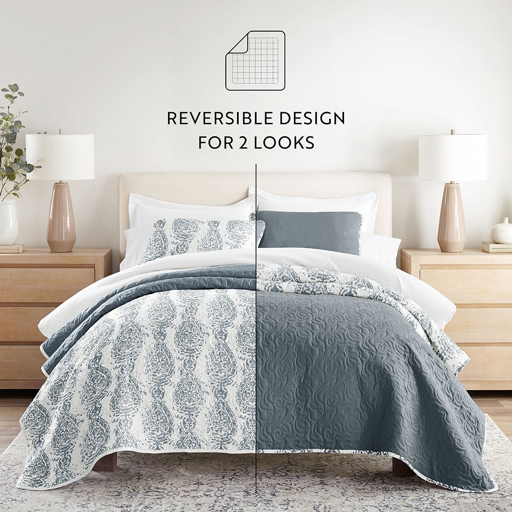 Distressed Damask Reversible Quilted Coverlet Set