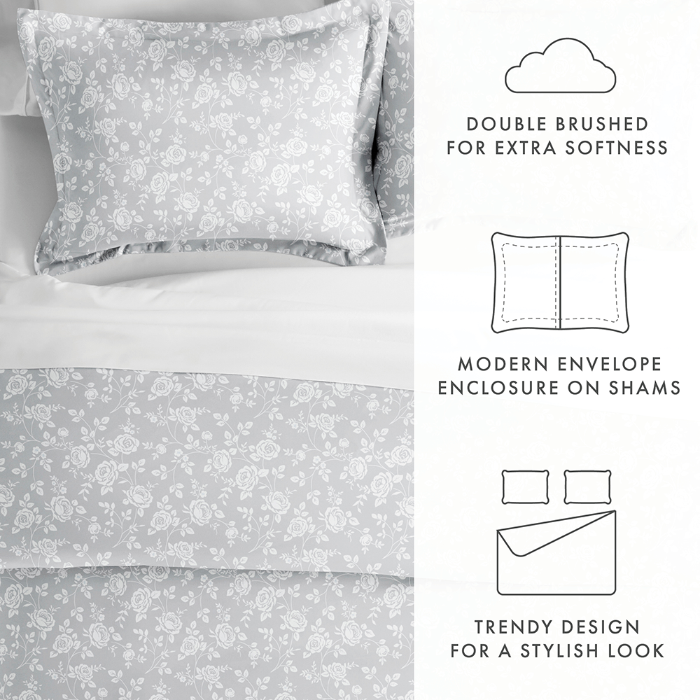 Grey Pattern Cover Rose Gray Pattern 3-Piece Duvet Cover Set - Linens & Hutch