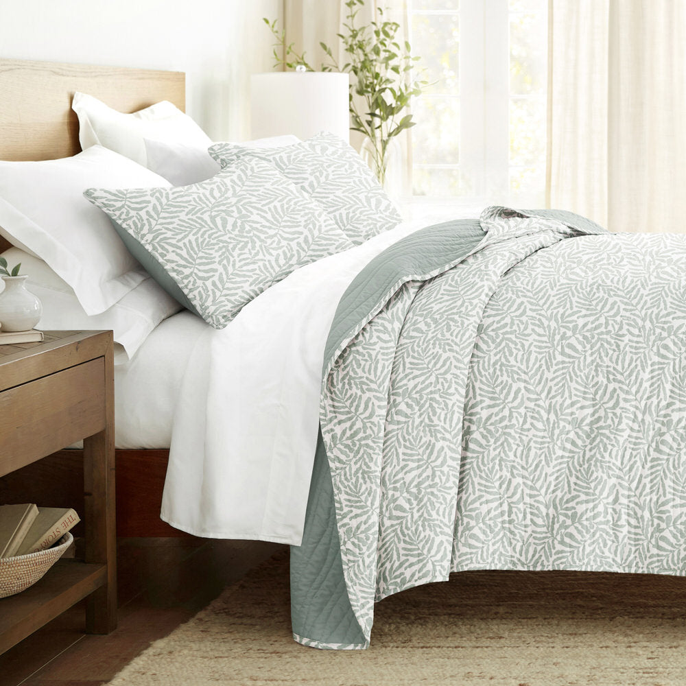 Tossed Ferns Reversible Quilted Coverlet Set (Sale)