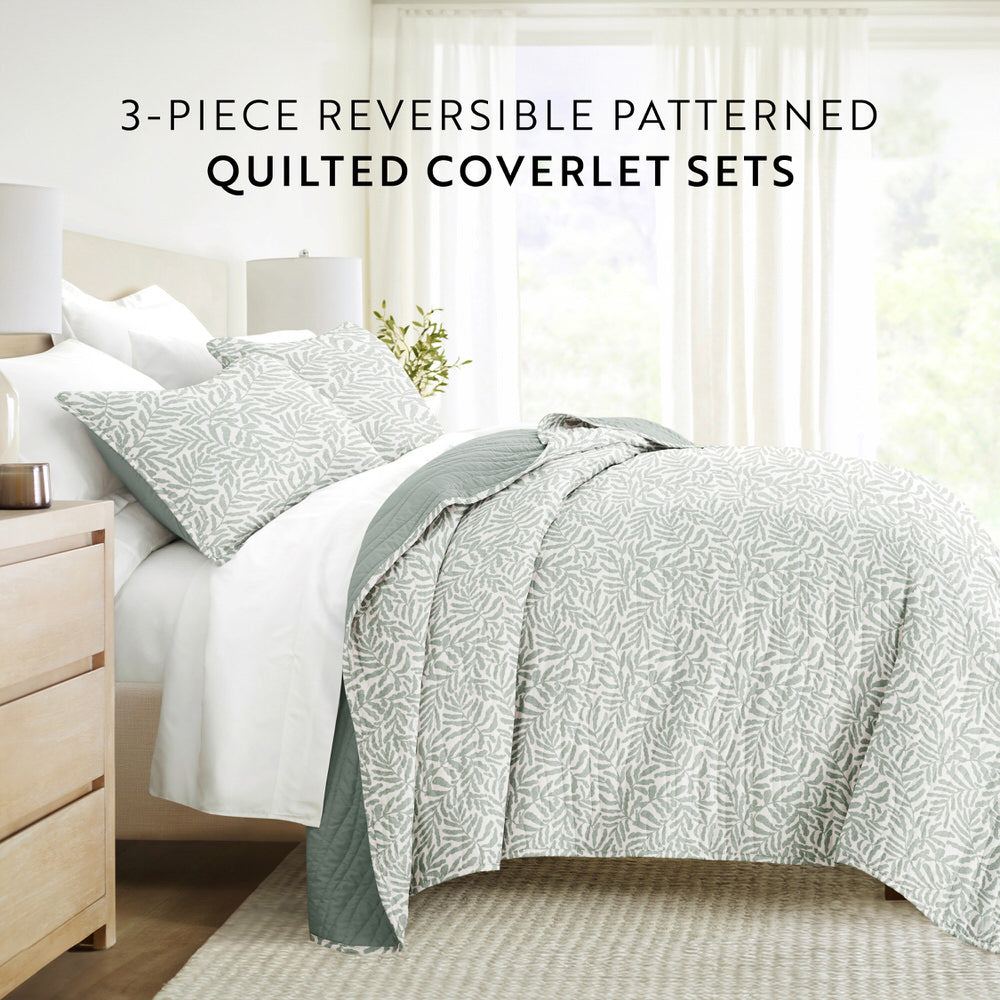 Tossed Ferns Reversible Quilted Coverlet Set (Sale)
