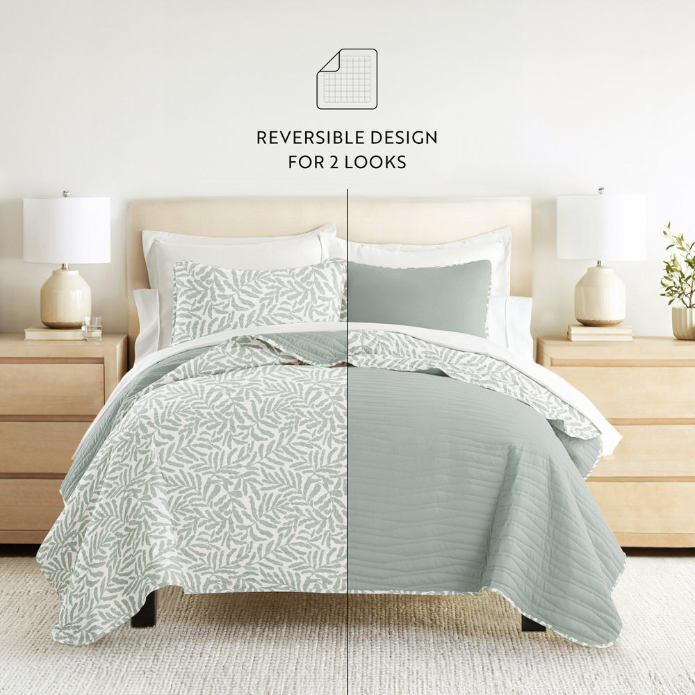 Tossed Ferns Reversible Quilted Coverlet Set (Sale)