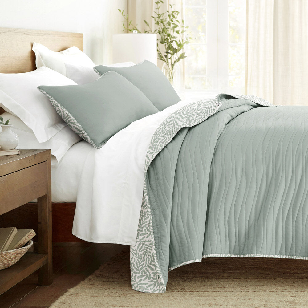 Tossed Ferns Reversible Quilted Coverlet Set (Sale)