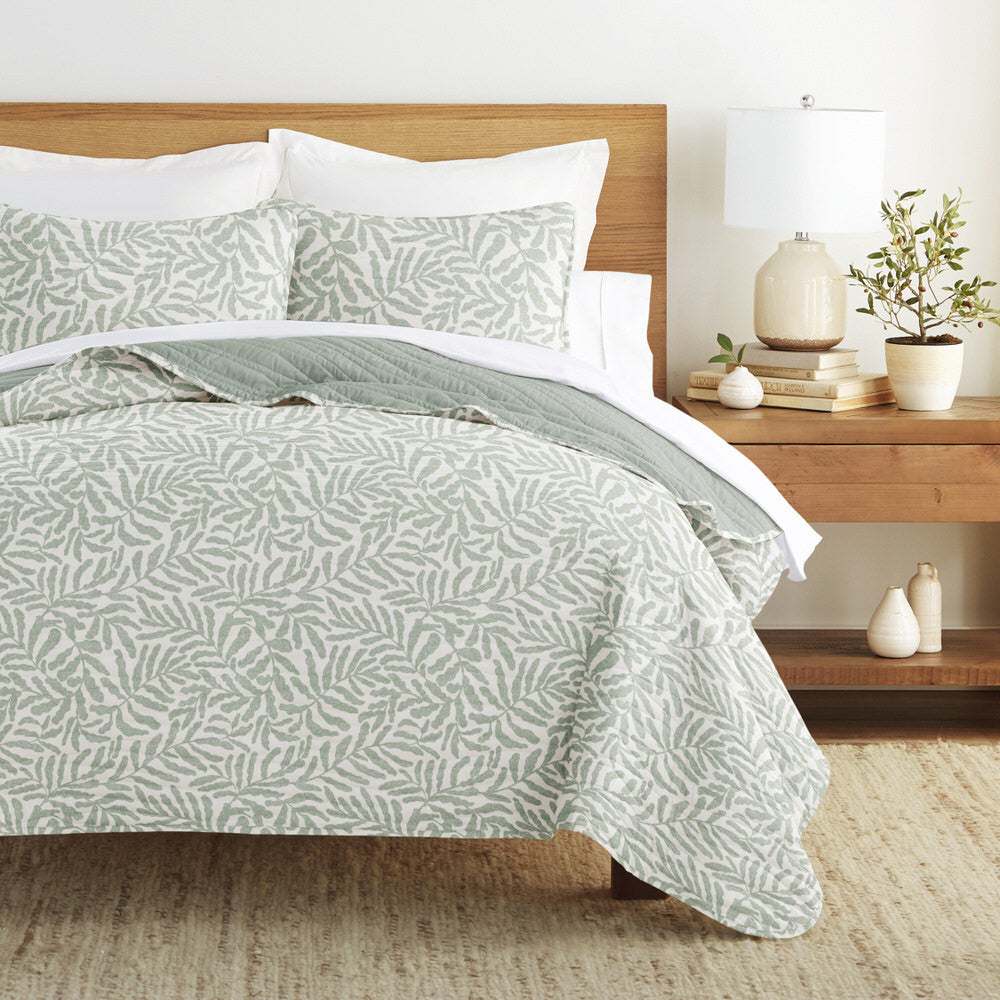 Tossed Ferns Reversible Quilted Coverlet Set (Sale)