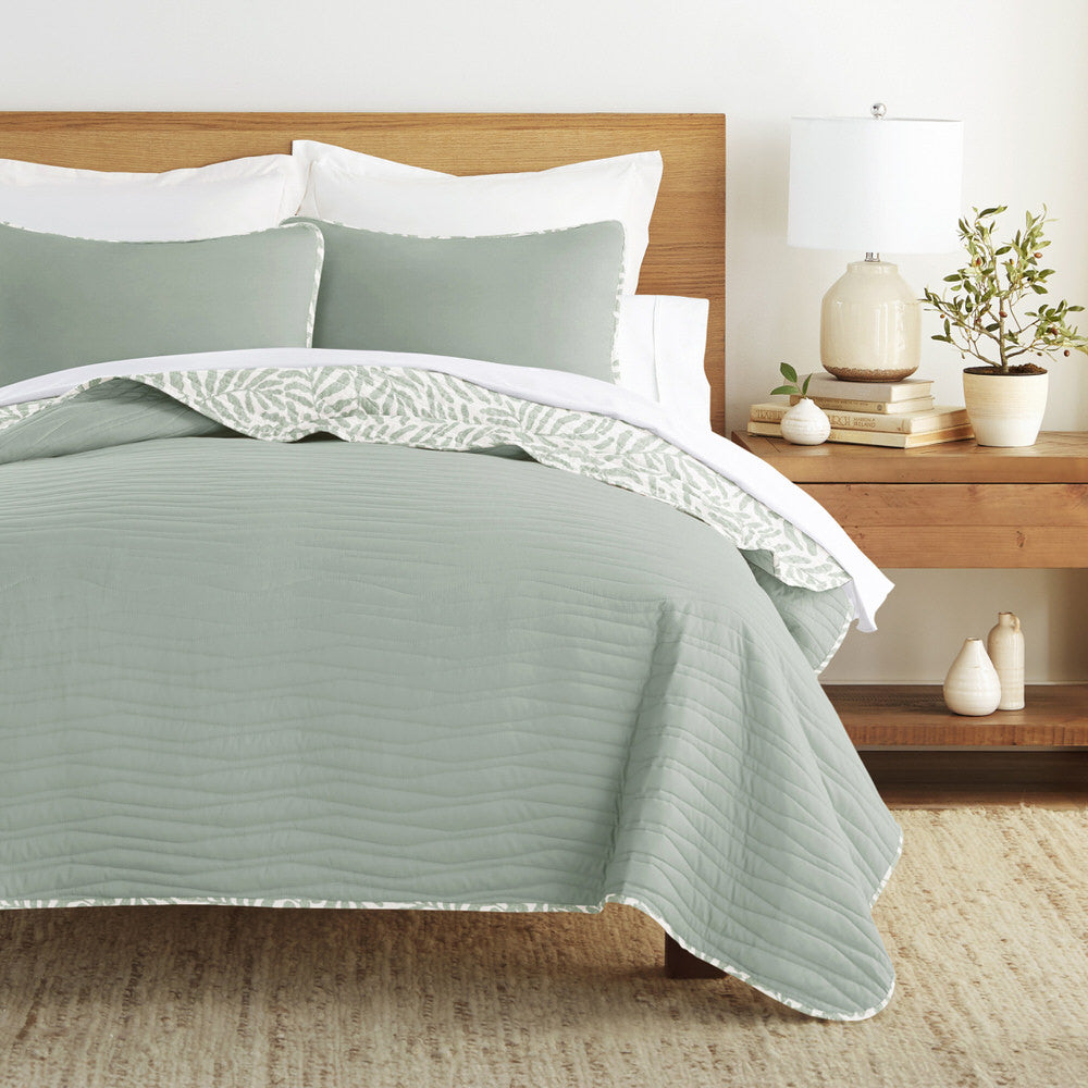 Tossed Ferns Reversible Quilted Coverlet Set (Sale)