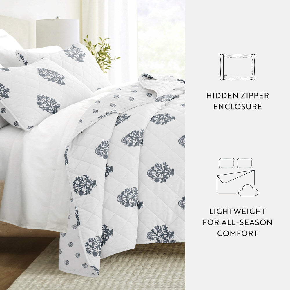 Stamped Bloom Reversible Quilted Coverlet Set (Sale)