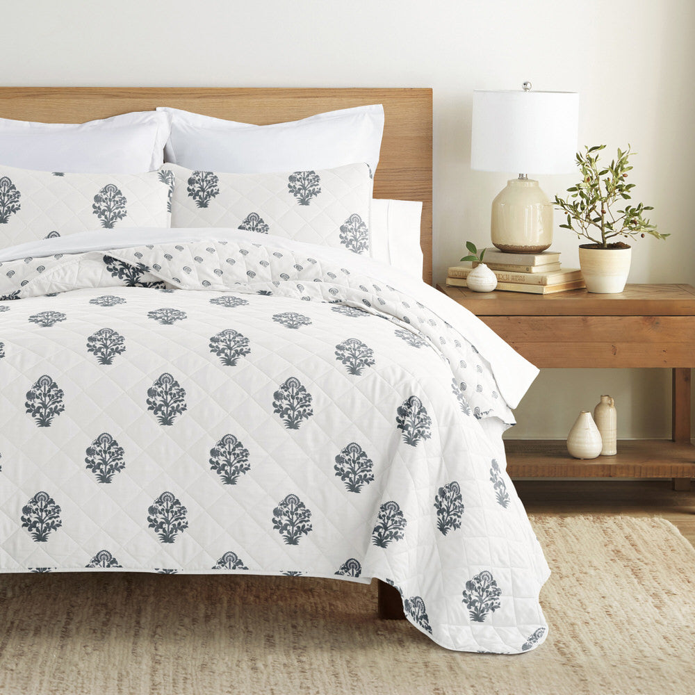 Stamped Bloom Reversible Quilted Coverlet Set (Sale)