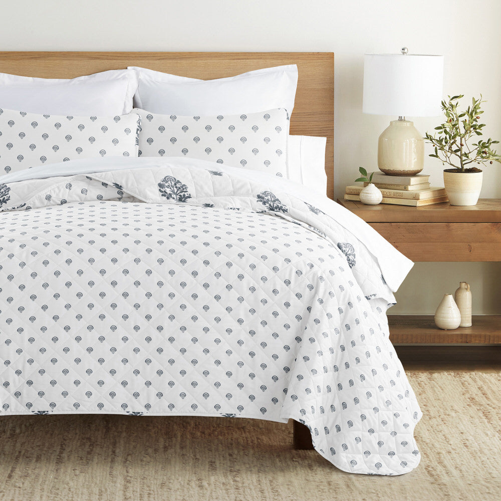 Stamped Bloom Reversible Quilted Coverlet Set (Sale)