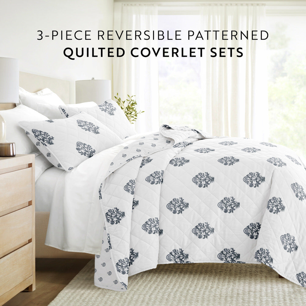 Stamped Bloom Reversible Quilted Coverlet Set (Sale)