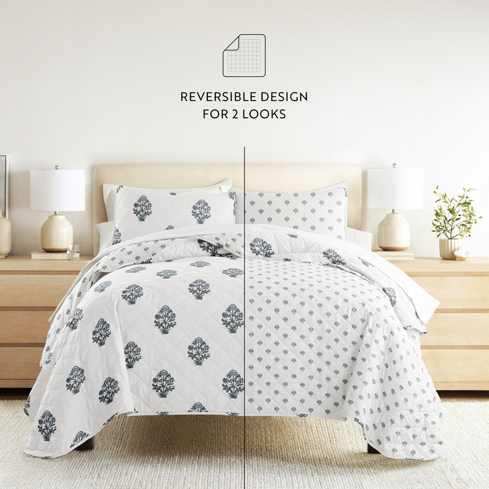Stamped Bloom Reversible Quilted Coverlet Set (Sale)