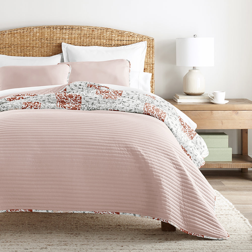 Scrolled Patchwork Reversible Quilted Coverlet Set (Sale)