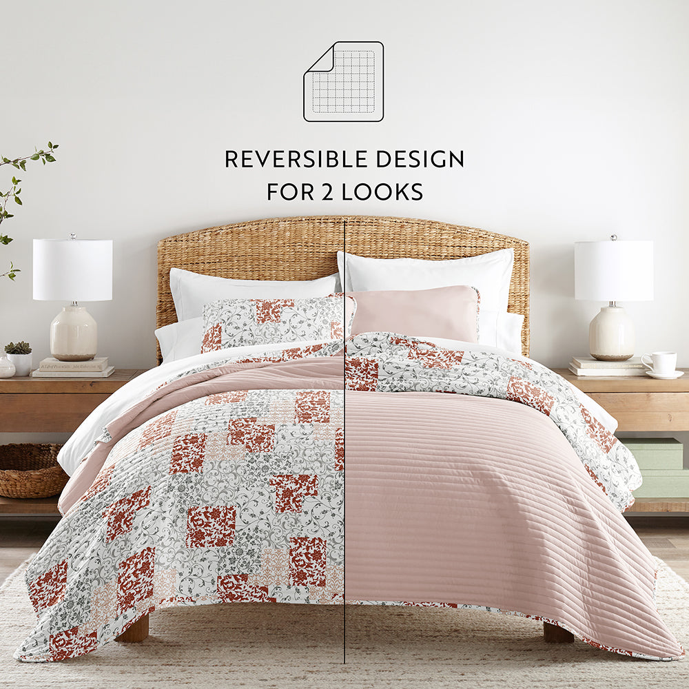 Scrolled Patchwork Reversible Quilted Coverlet Set (Sale)
