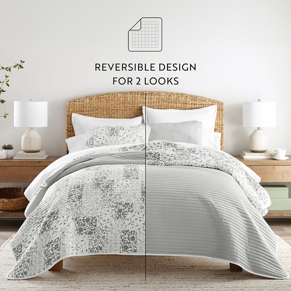 Scrolled Patchwork Reversible Quilted Coverlet Set (Sale)