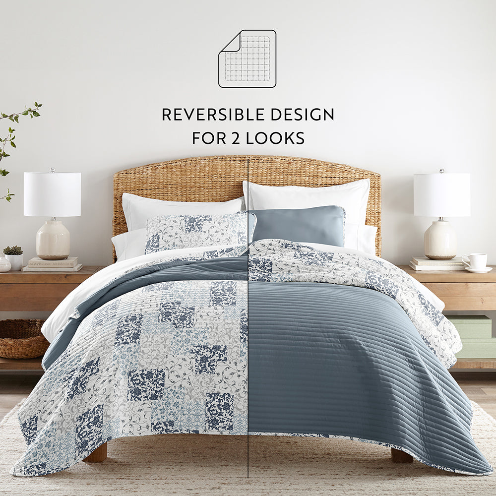 Scrolled Patchwork Reversible Quilted Coverlet Set (Sale)