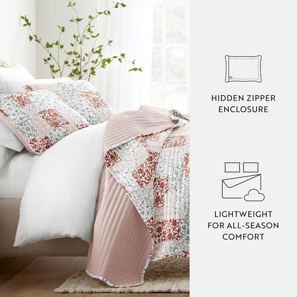 Scrolled Patchwork Reversible Quilted Coverlet Set (Sale)