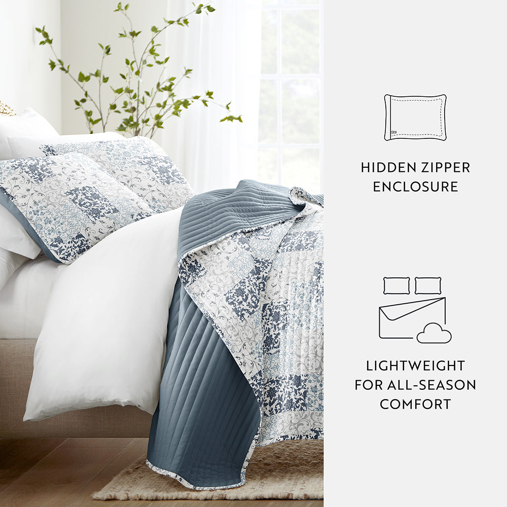 Scrolled Patchwork Reversible Quilted Coverlet Set (Sale)