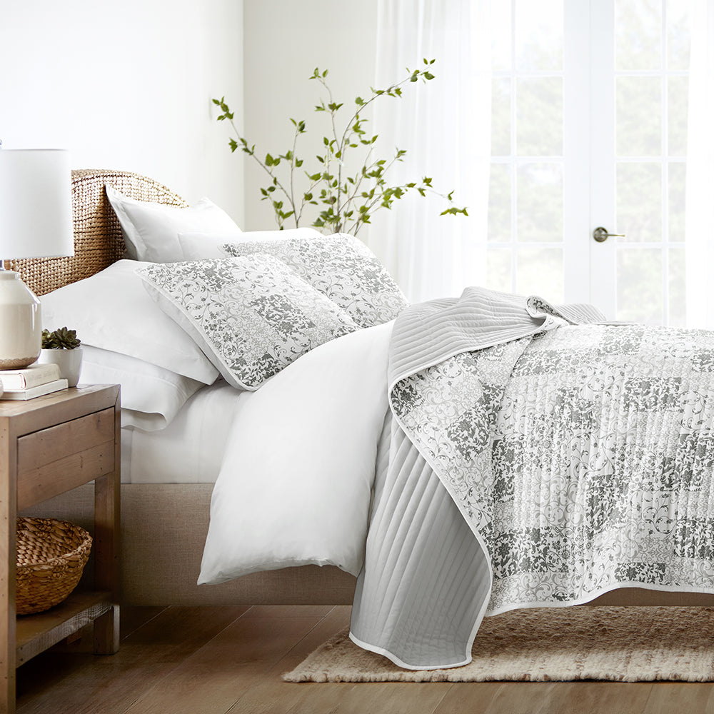 Scrolled Patchwork Reversible Quilted Coverlet Set (Sale)