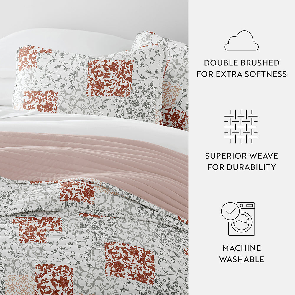 Scrolled Patchwork Reversible Quilted Coverlet Set (Sale)