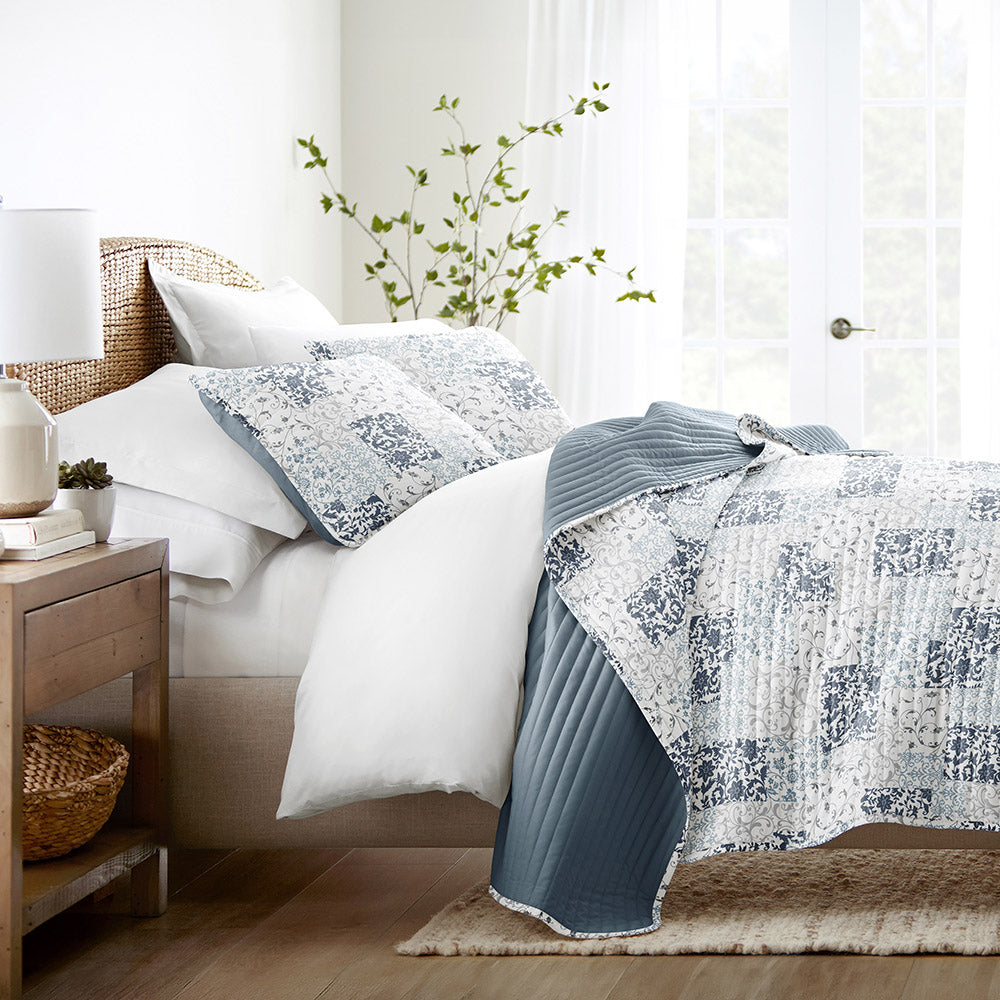Scrolled Patchwork Reversible Quilted Coverlet Set (Sale)