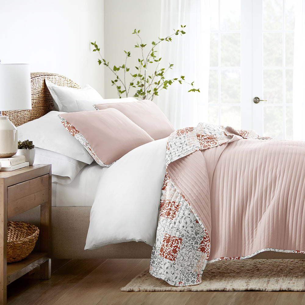 Scrolled Patchwork Reversible Quilted Coverlet Set (Sale)