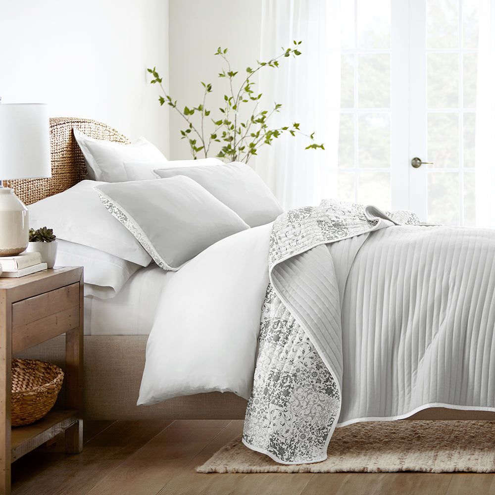 Scrolled Patchwork Reversible Quilted Coverlet Set (Sale)