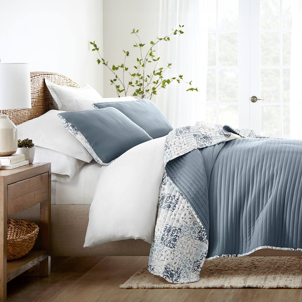 Scrolled Patchwork Reversible Quilted Coverlet Set (Sale)