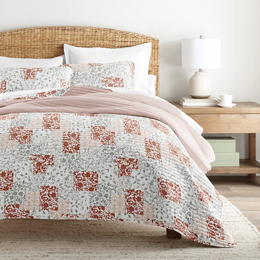 Scrolled Patchwork Reversible Quilted Coverlet Set (Sale)