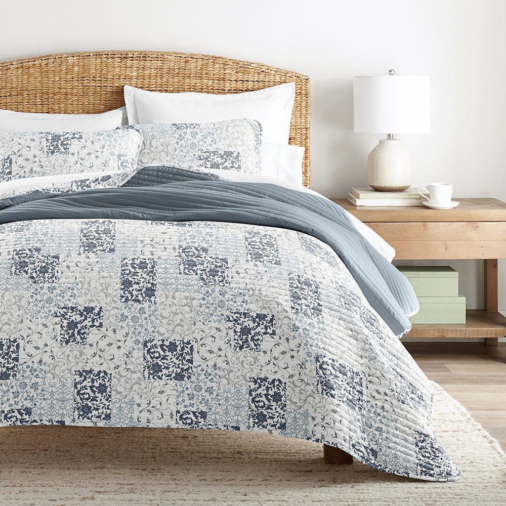 Scrolled Patchwork Reversible Quilted Coverlet Set (Sale)